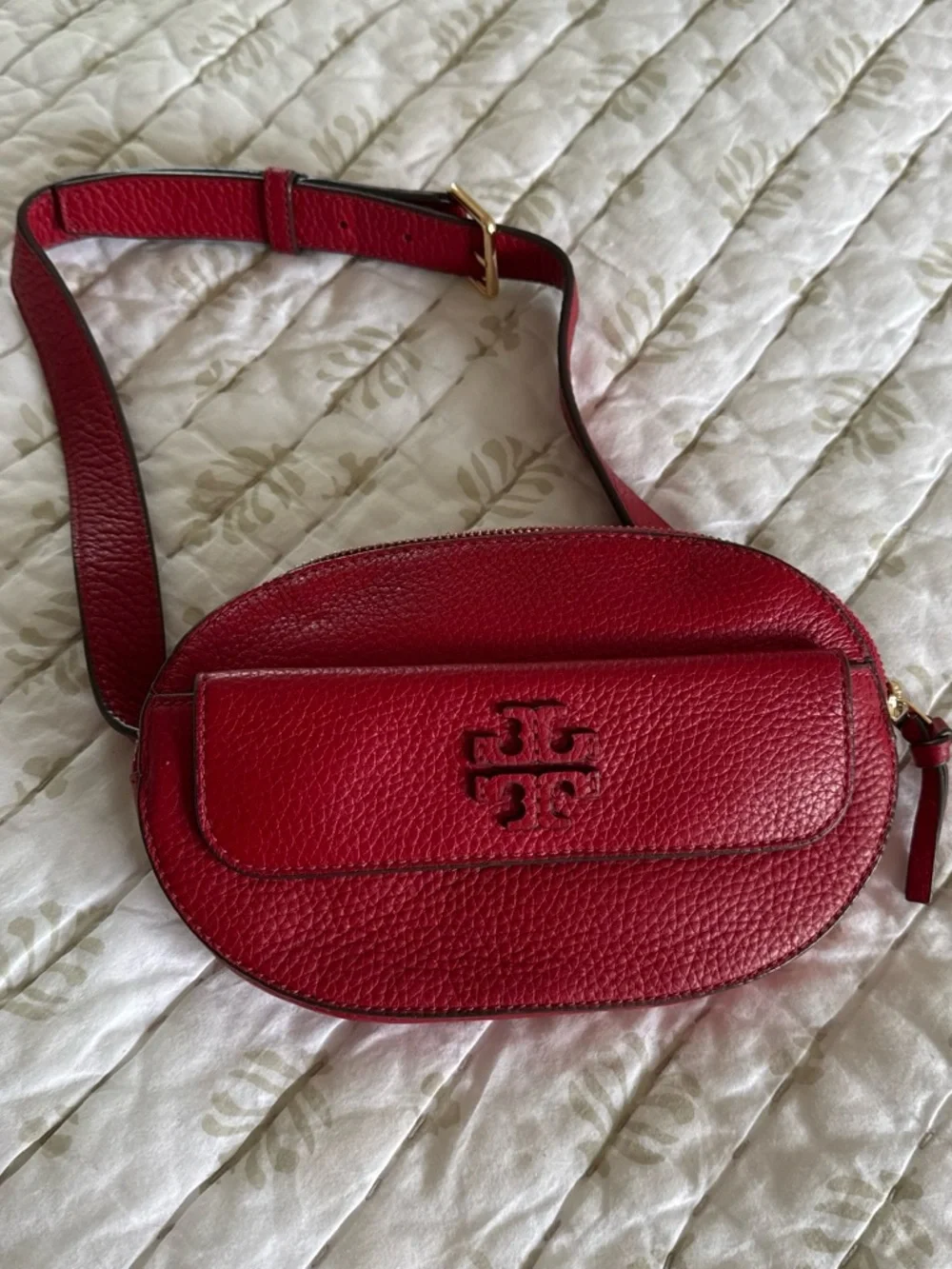 Tory Burch Red Pebbled Leather Crossbody Belt Bag with Logo
